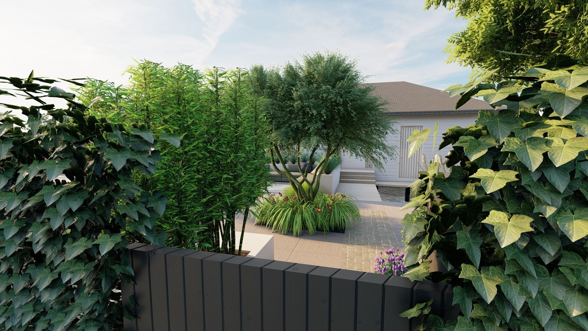 Een impressie van een tuin met een hek en bomen voor een huis.