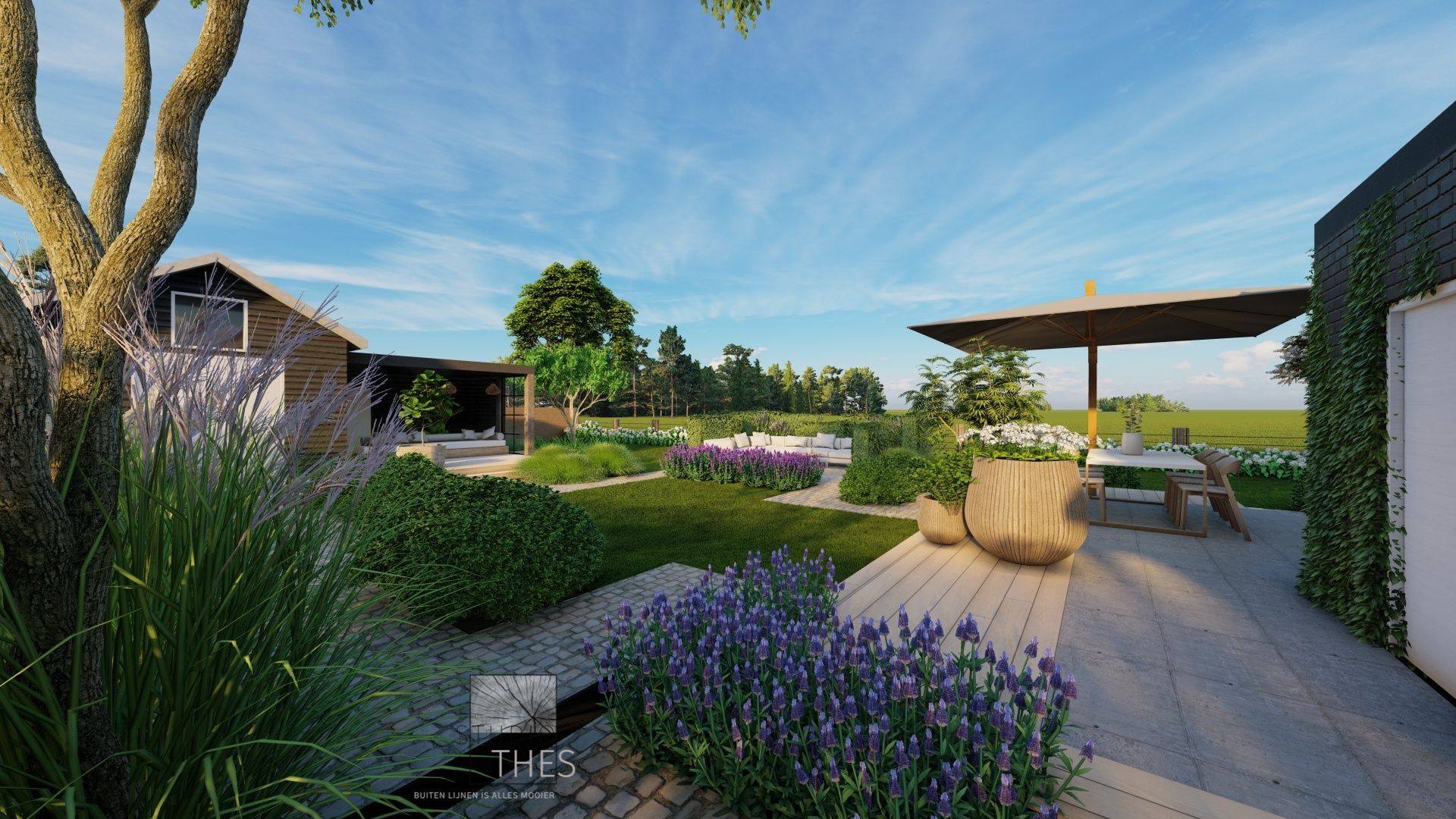 Een 3D-weergave van een tuin met paarse bloemen en een houten terras.