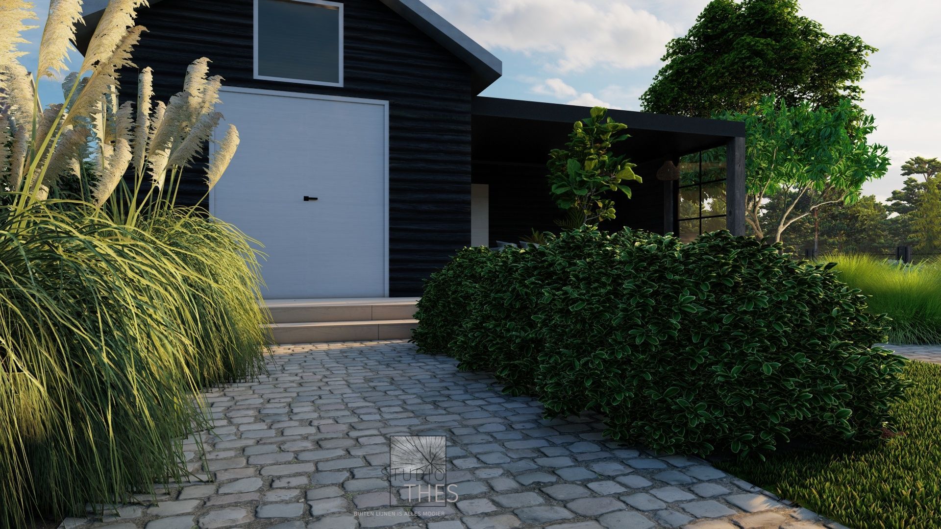 Een bakstenen pad dat leidt naar een zwart huis met een witte garagedeur.