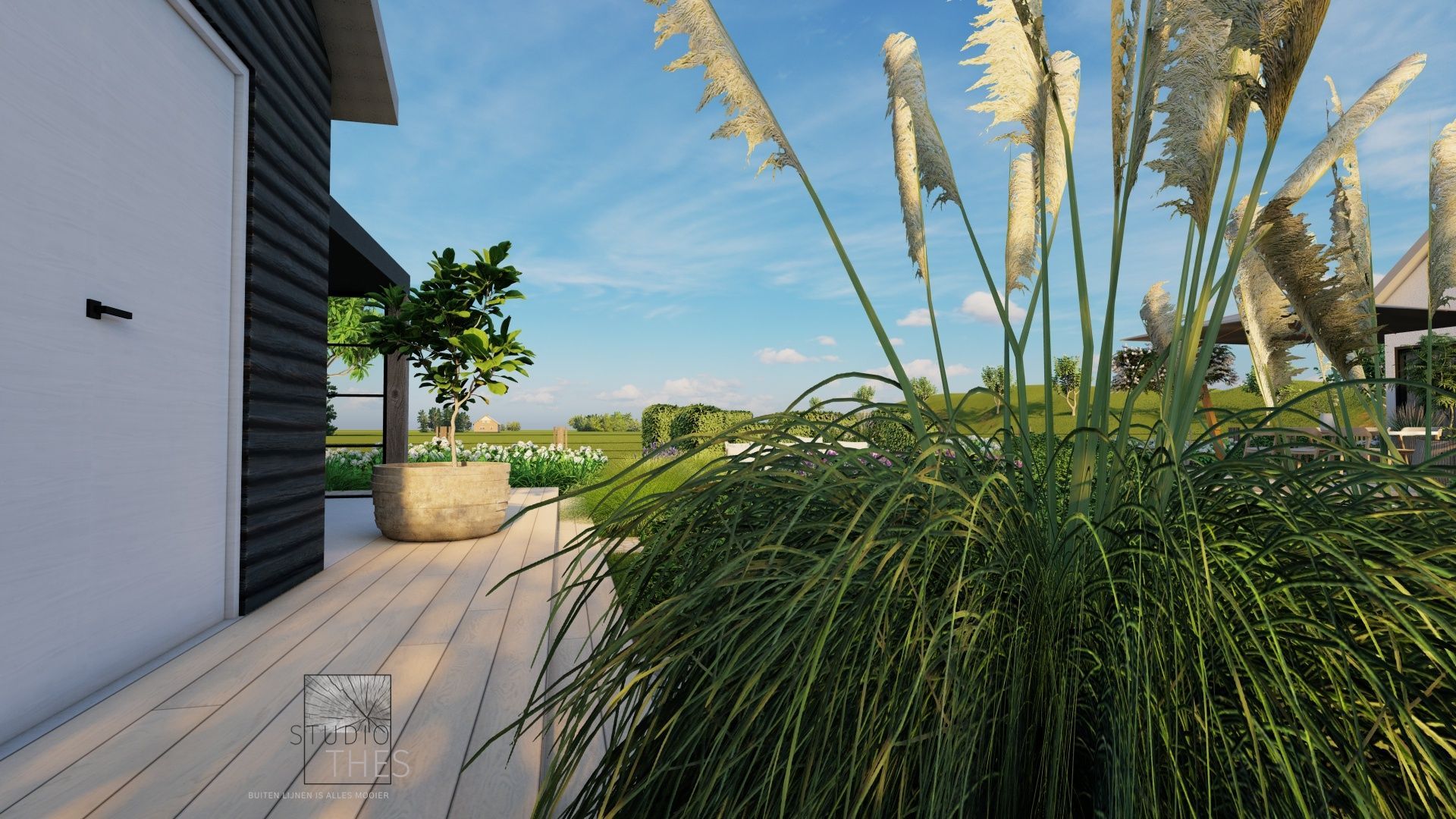 Een weergave van een huis met een terras en planten ervoor.