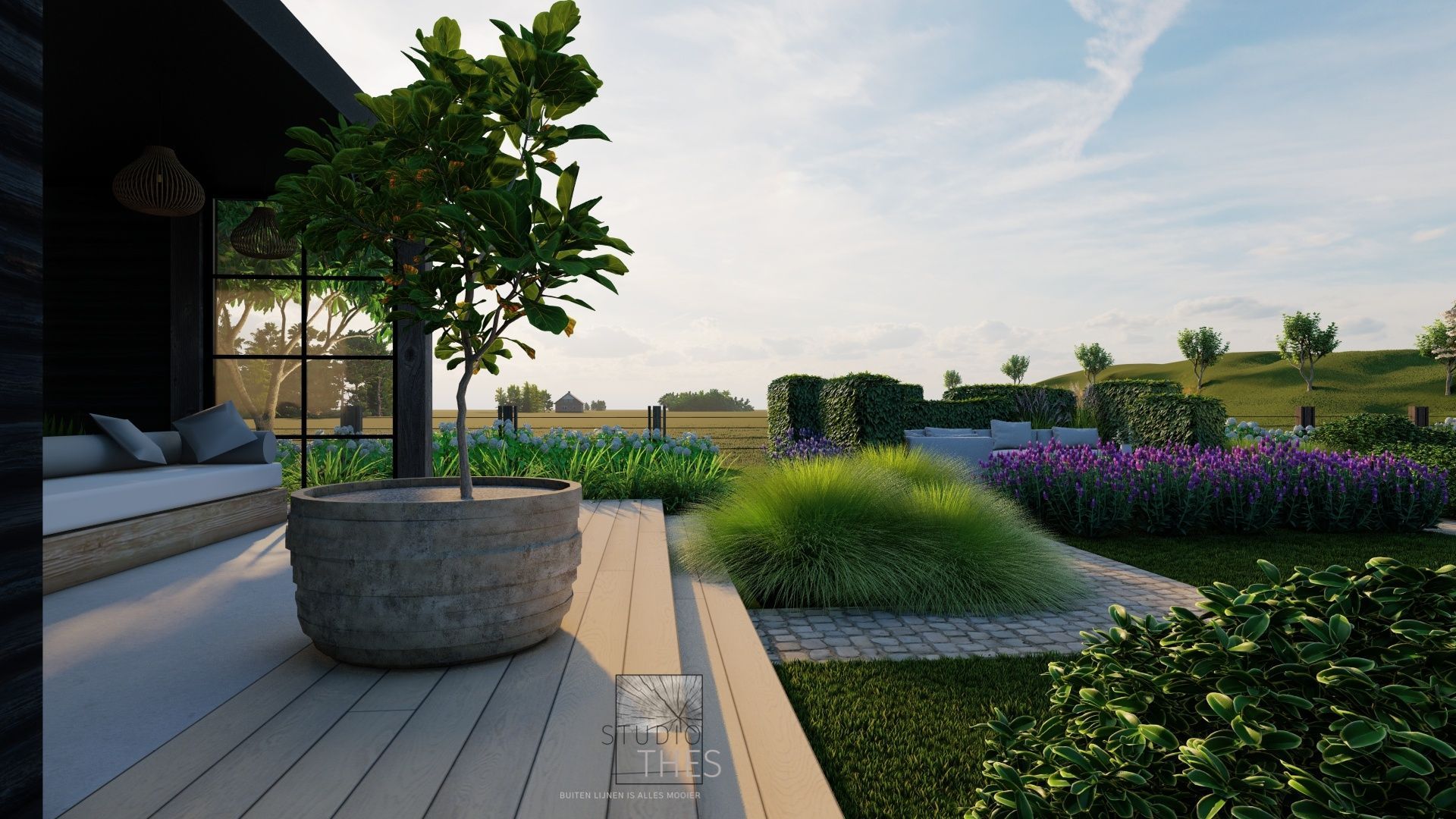 Een potplant staat op een houten terras naast een huis.