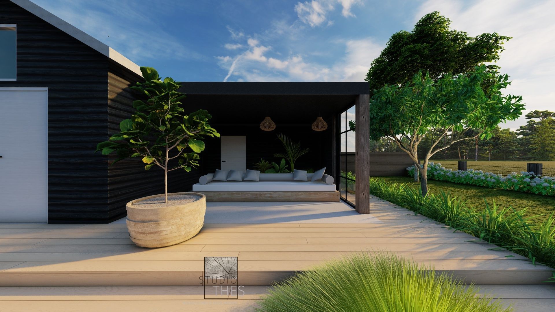 Een 3D-weergave van een huis met een terras en een pergola.