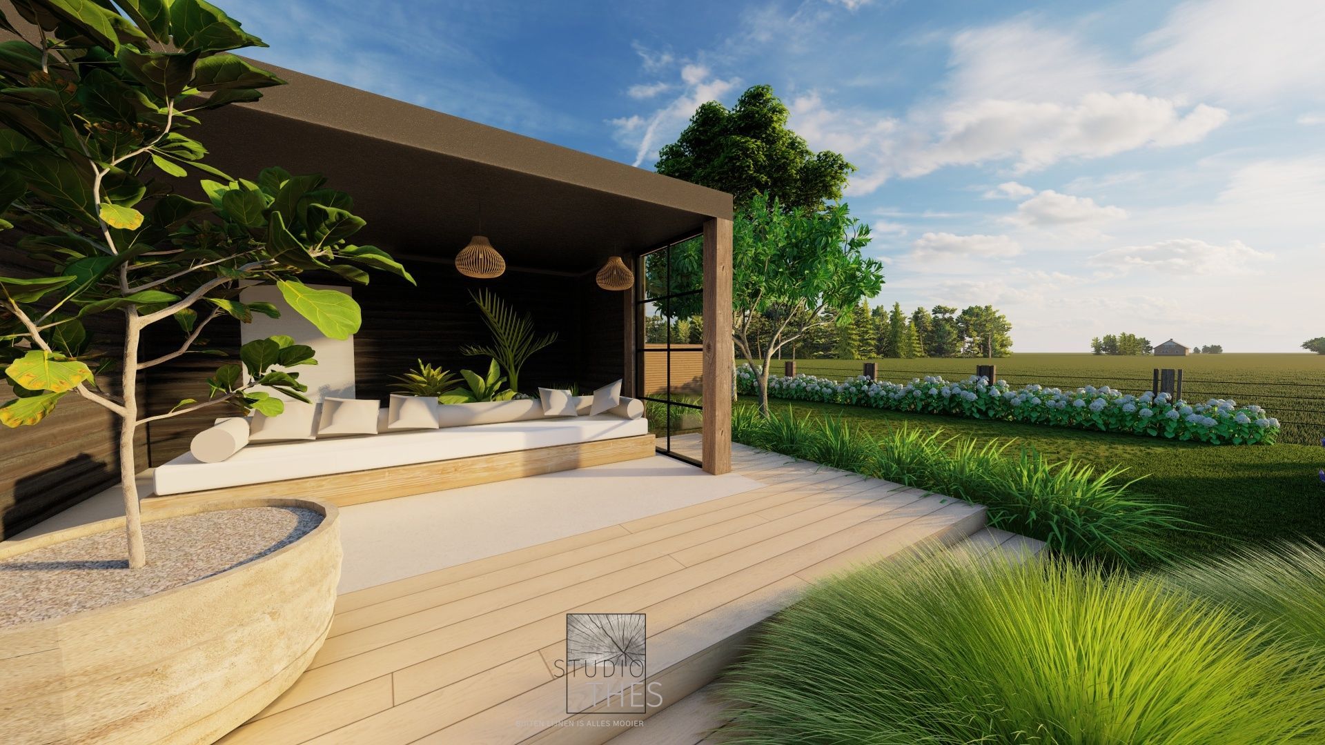 Een 3D-weergave van een terras met een pergola en een houten terras.