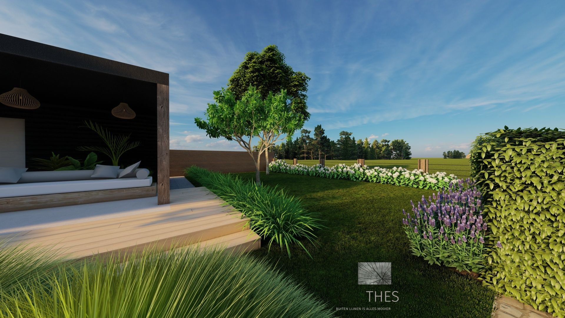 Een 3D-weergave van een tuin met een huis op de achtergrond.