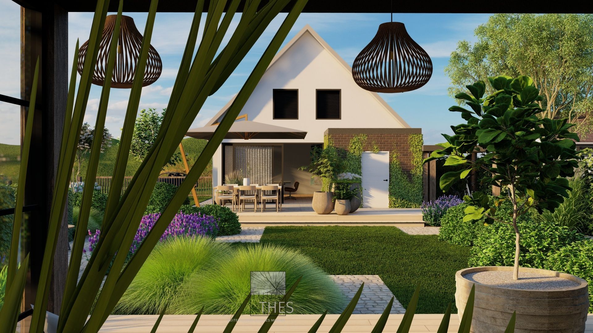 Een 3D-weergave van een tuin met een huis op de achtergrond.