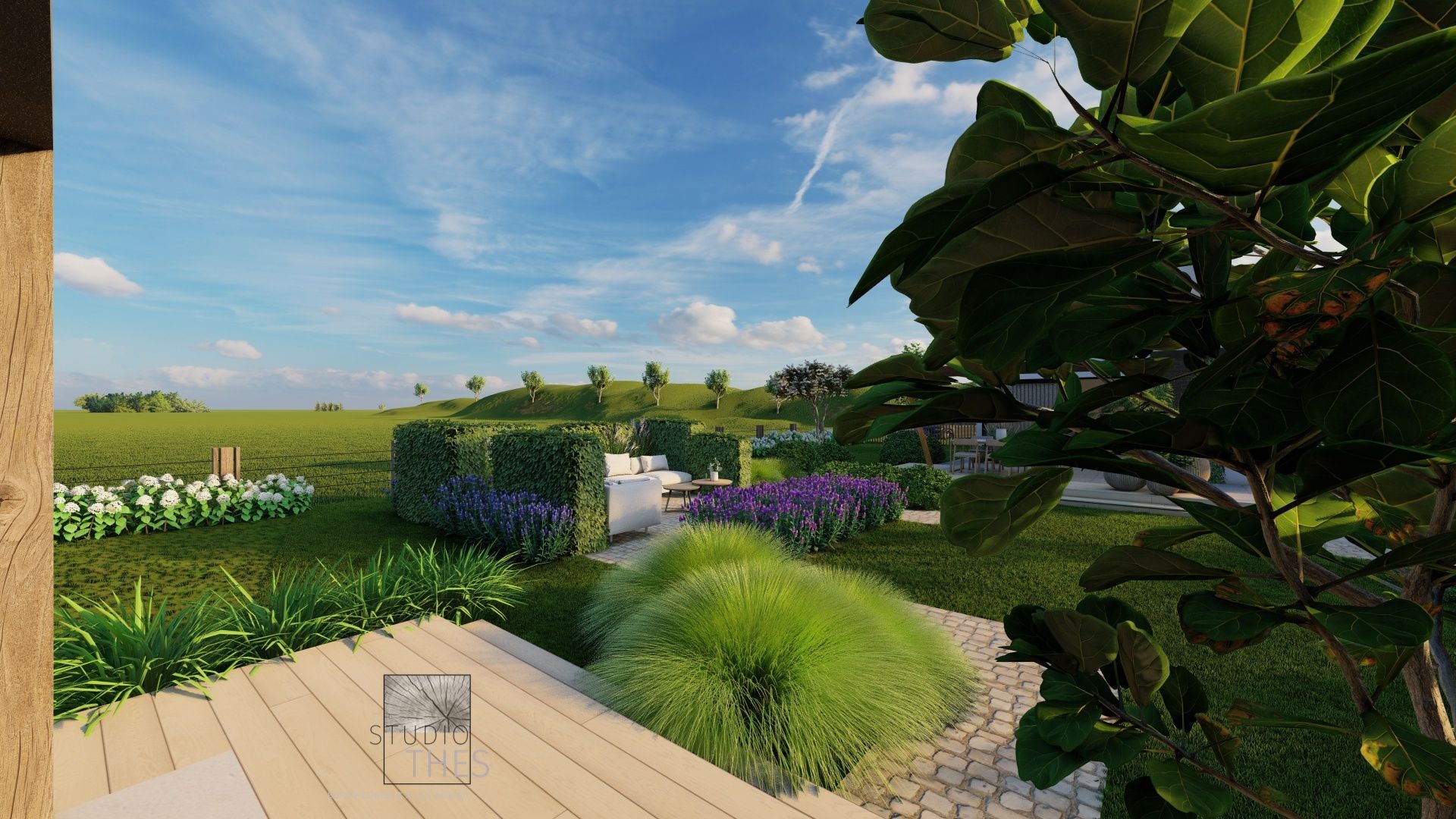 Een impressie van een tuin met een houten terras en bloemen.