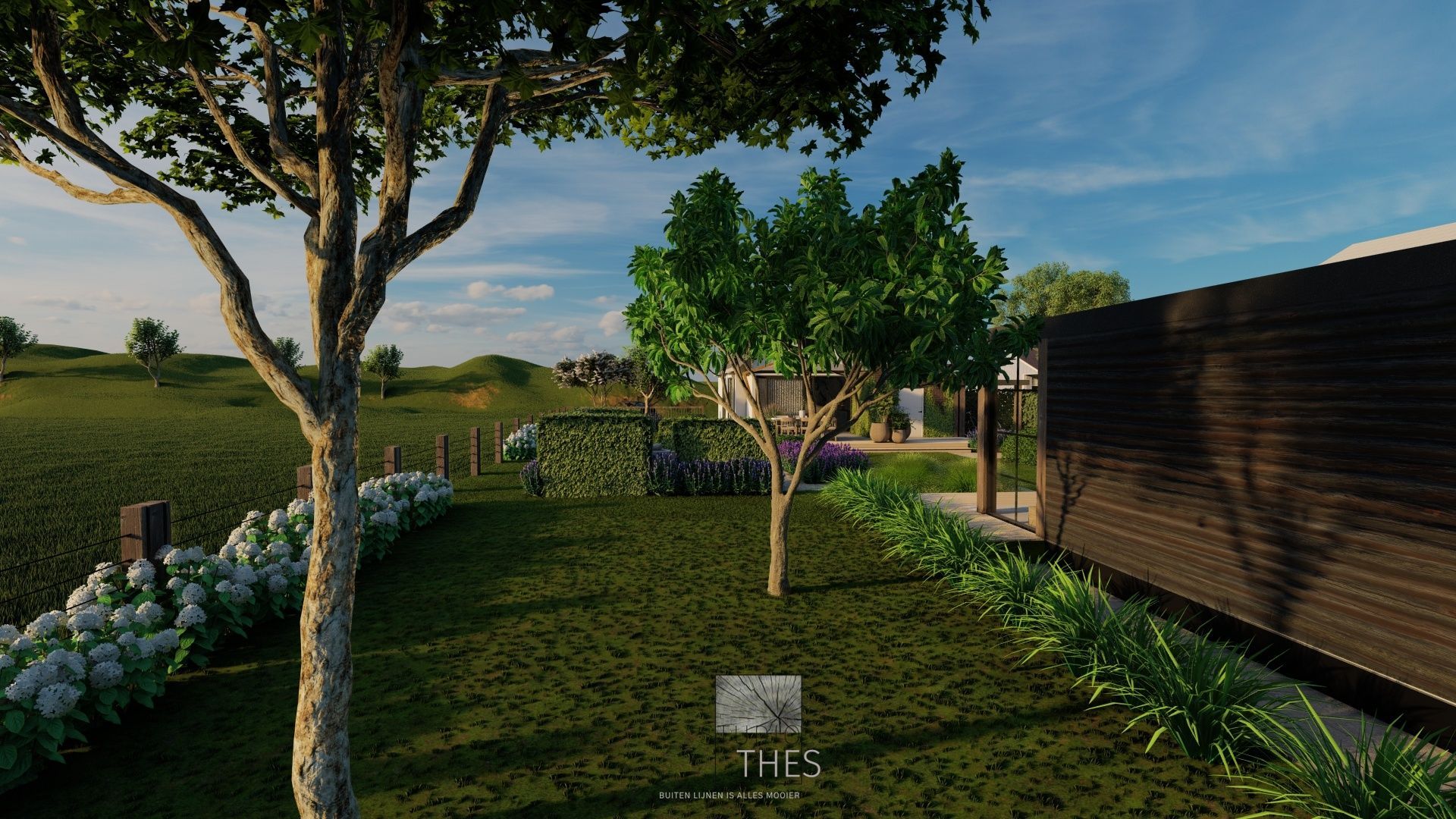 Een 3D-weergave van een achtertuin met een boom en een huis op de achtergrond.