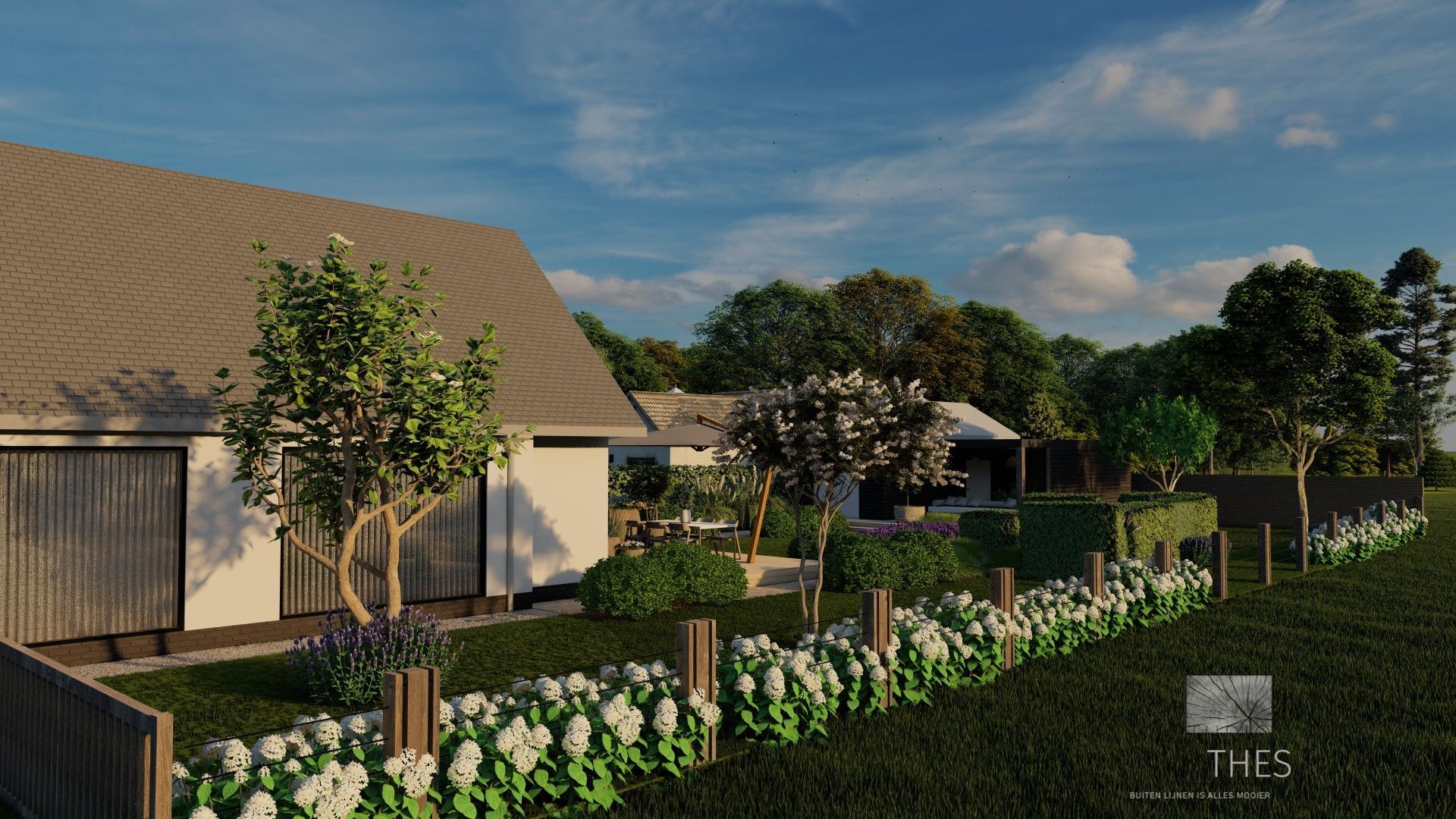 Een 3D-weergave van een huis met een hek en bloemen ervoor.