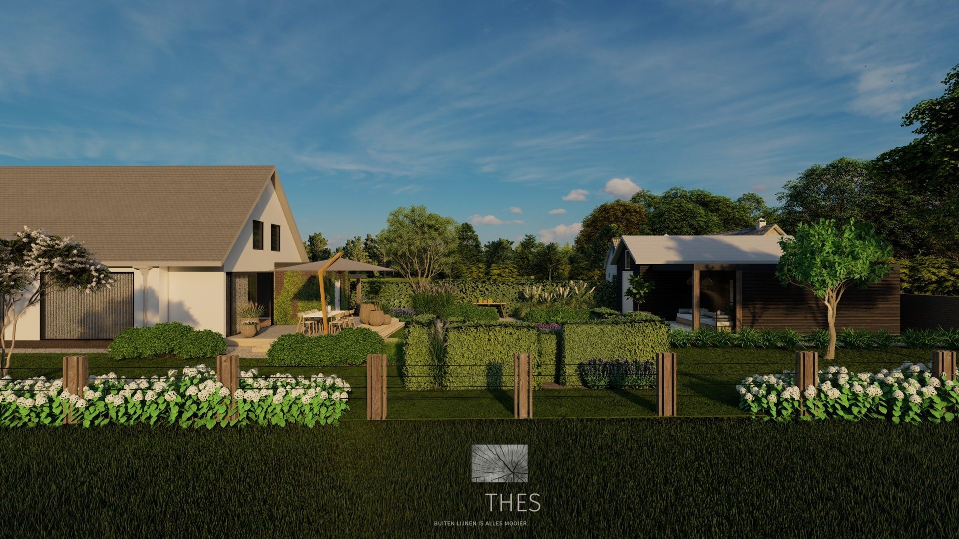 Een impressie van een huis met een hek ervoor.