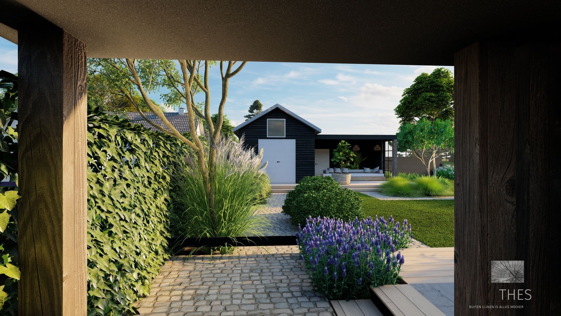 Een impressie van een huis met een tuin ervoor.