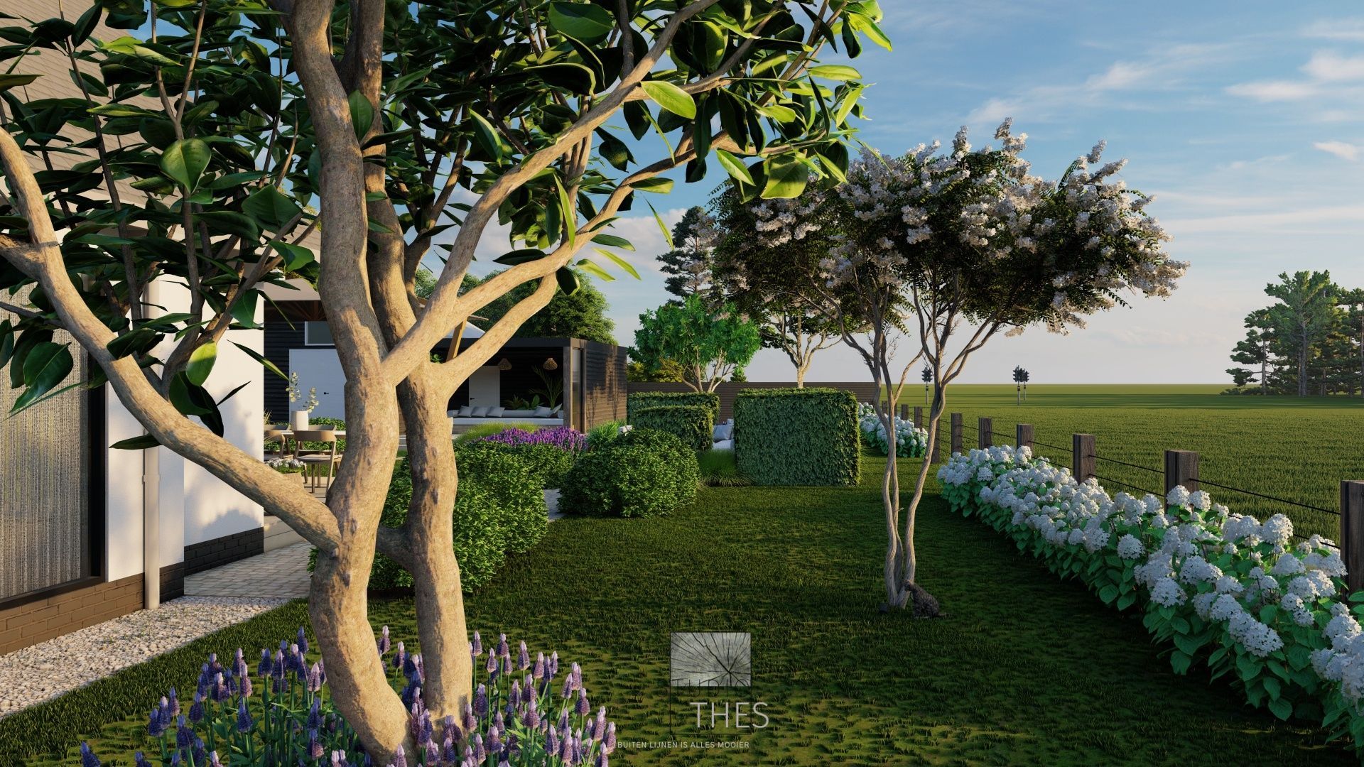 Een 3D-weergave van een tuin met bomen en bloemen.