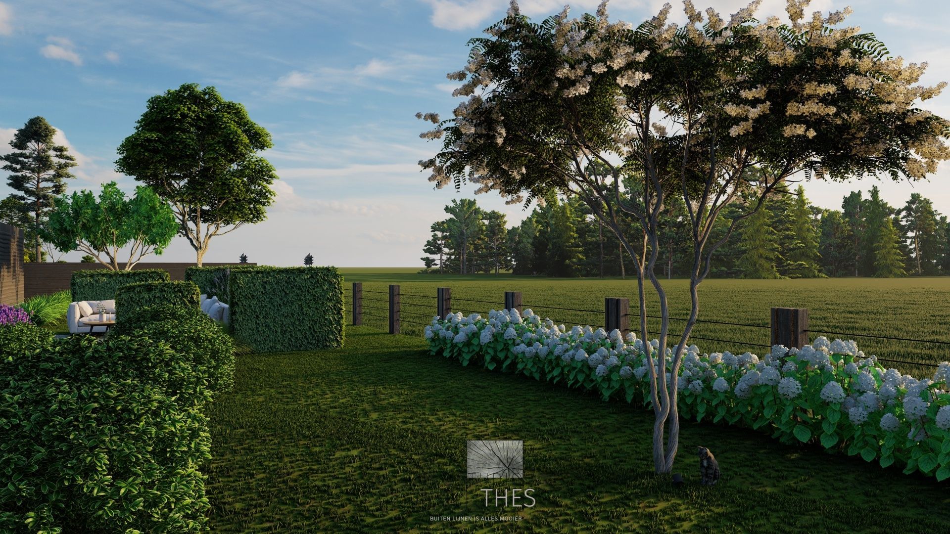 Een weergave van een tuin met bomen en struiken