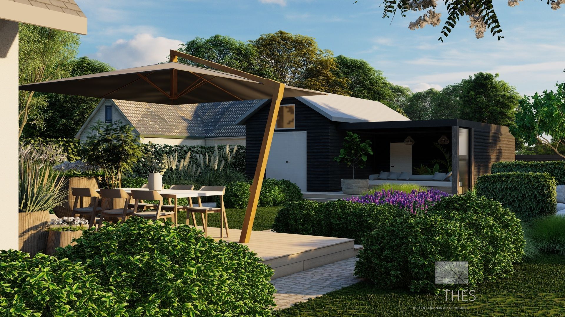 Een 3D-weergave van een achtertuin met een tafel en stoelen onder een parasol.