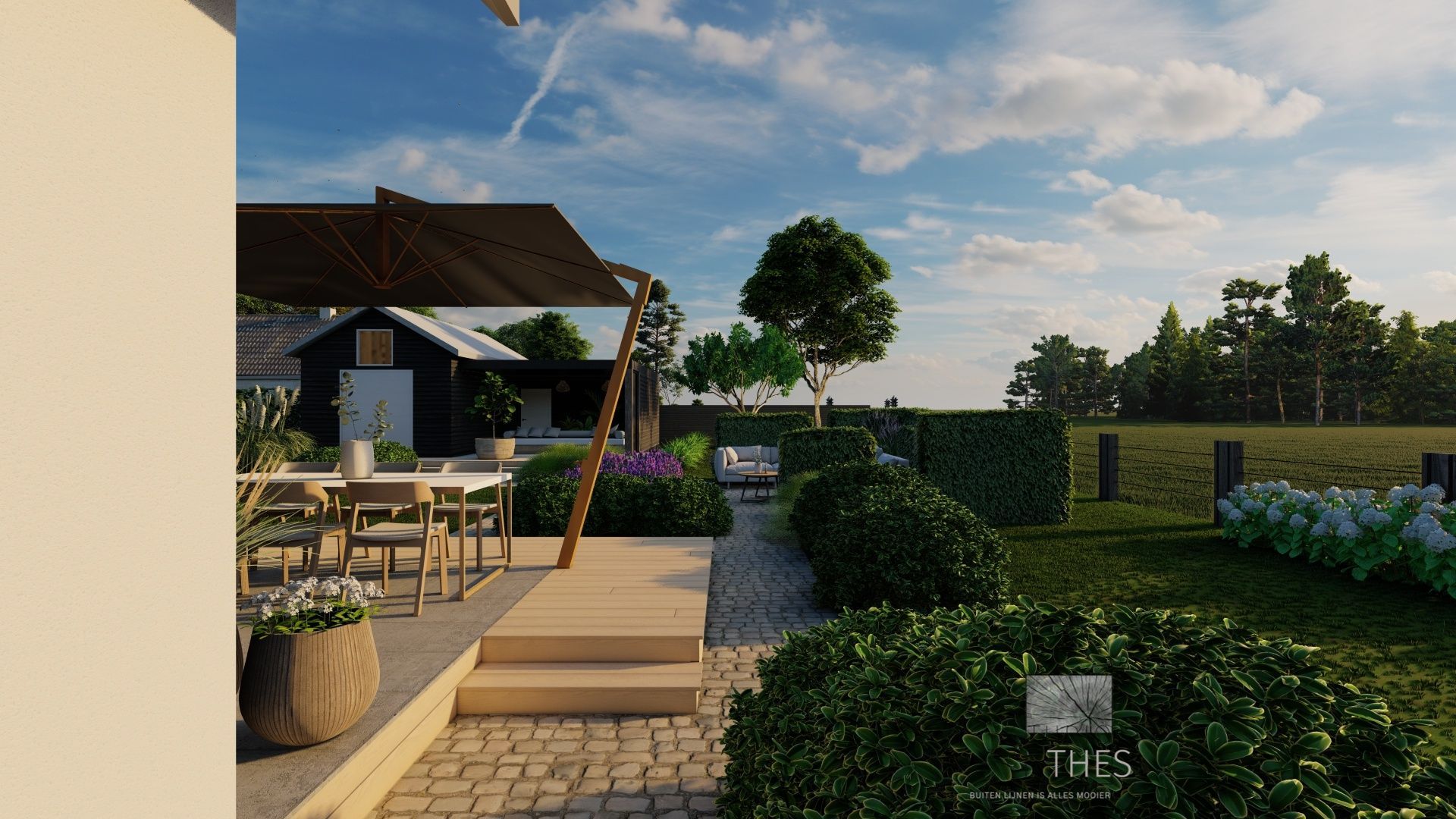 Een 3D-weergave van een terras met een tafel en stoelen onder een parasol.