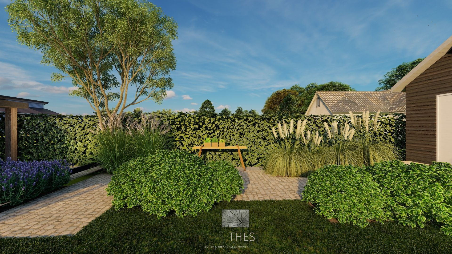 Een 3D-weergave van een tuin met een picknicktafel en een huis op de achtergrond.
