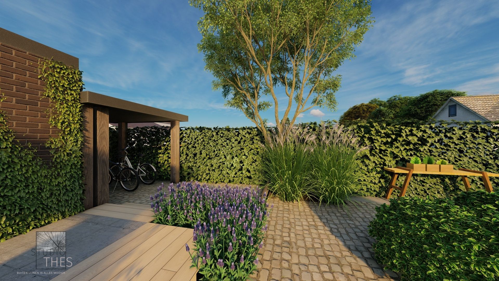 Een impressie van een tuin met een fiets geparkeerd in de achtertuin.