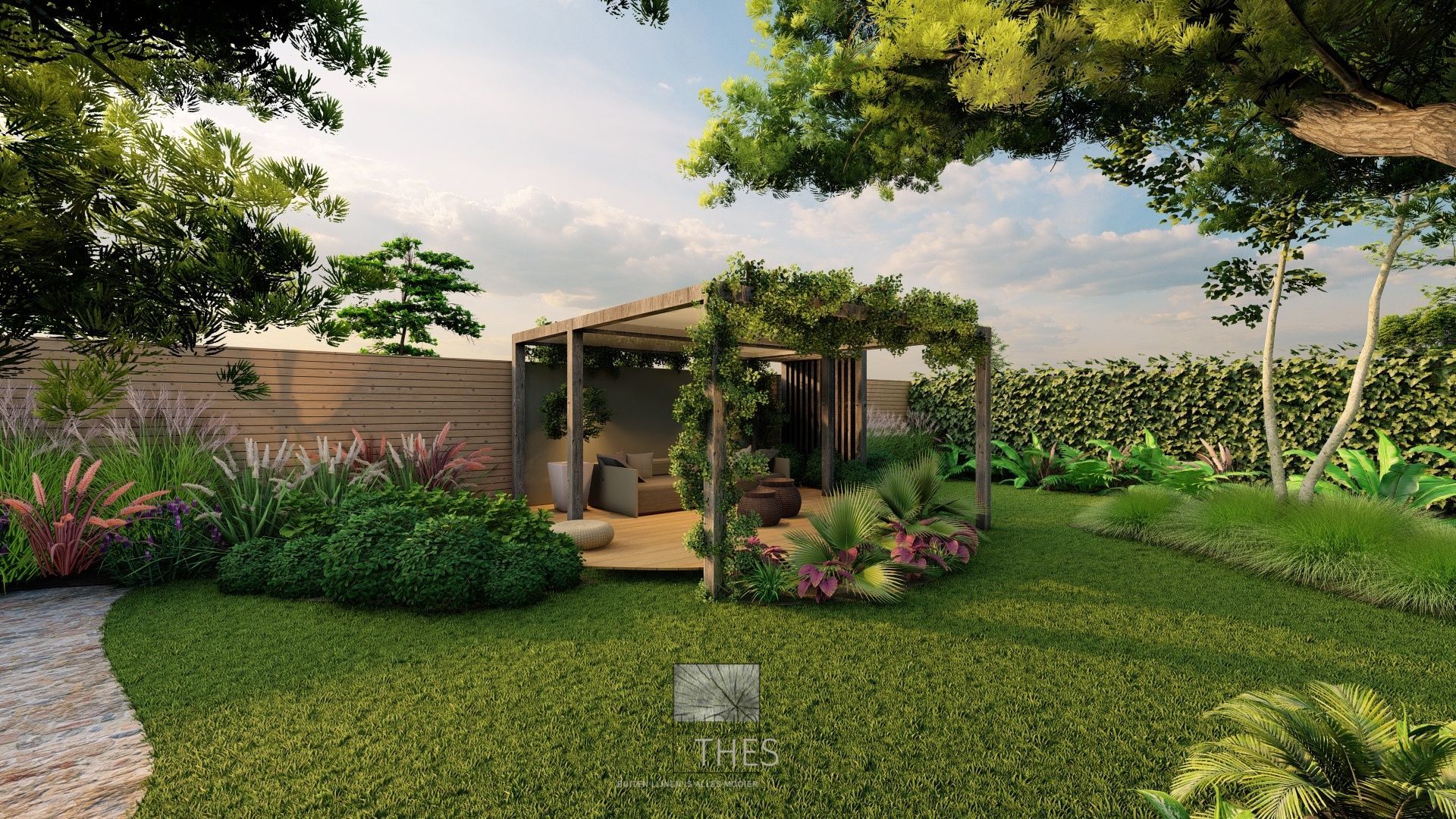 In het midden van de tuin staat een prieel, omgeven door bomen.