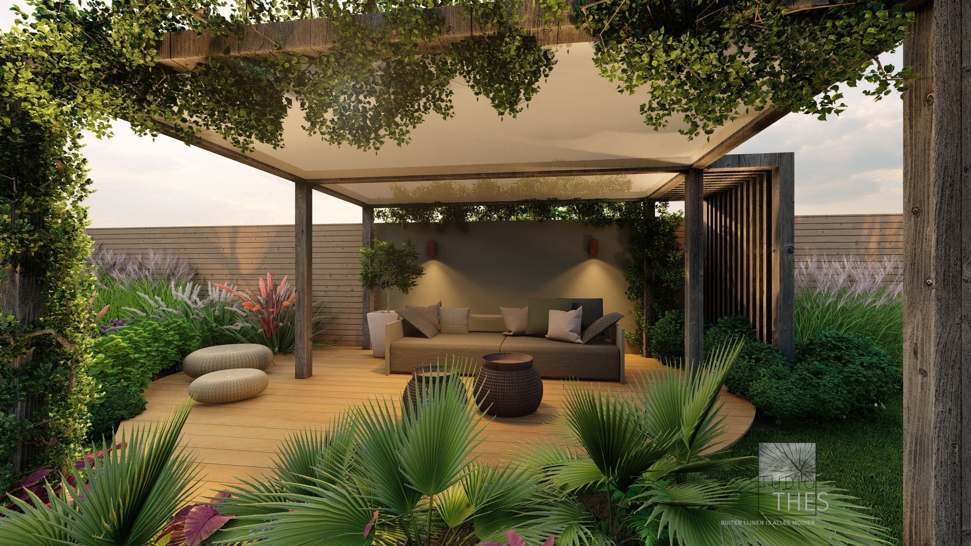 Een impressie van een terras met pergola en bank.