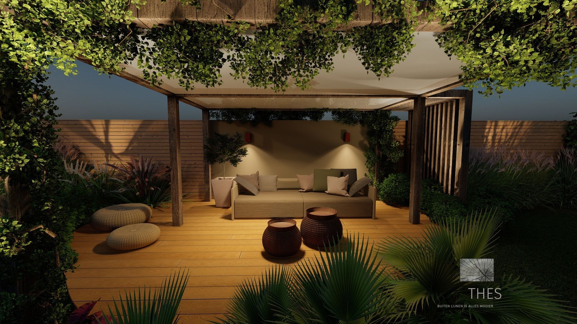 Een 3D-weergave van een terras met een pergola en een bank.