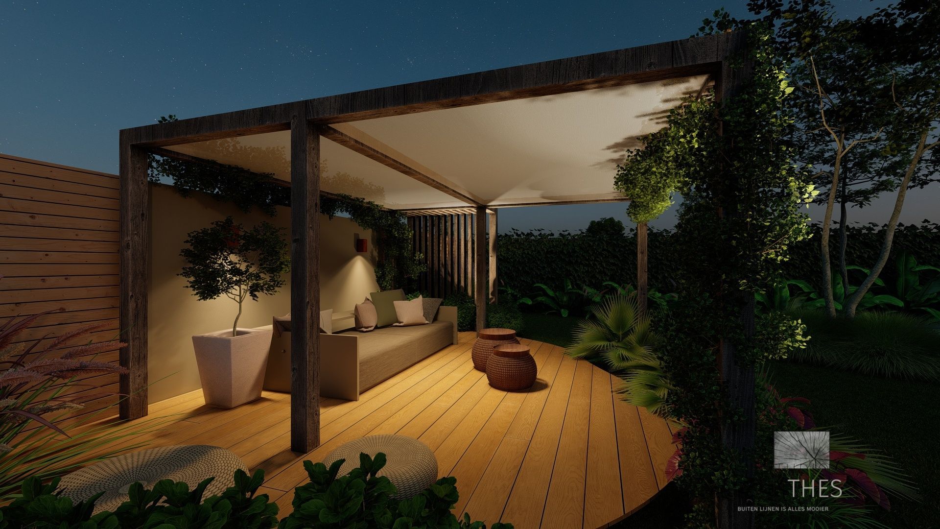 Een houten terras met een bank onder een pergola in het avondlicht