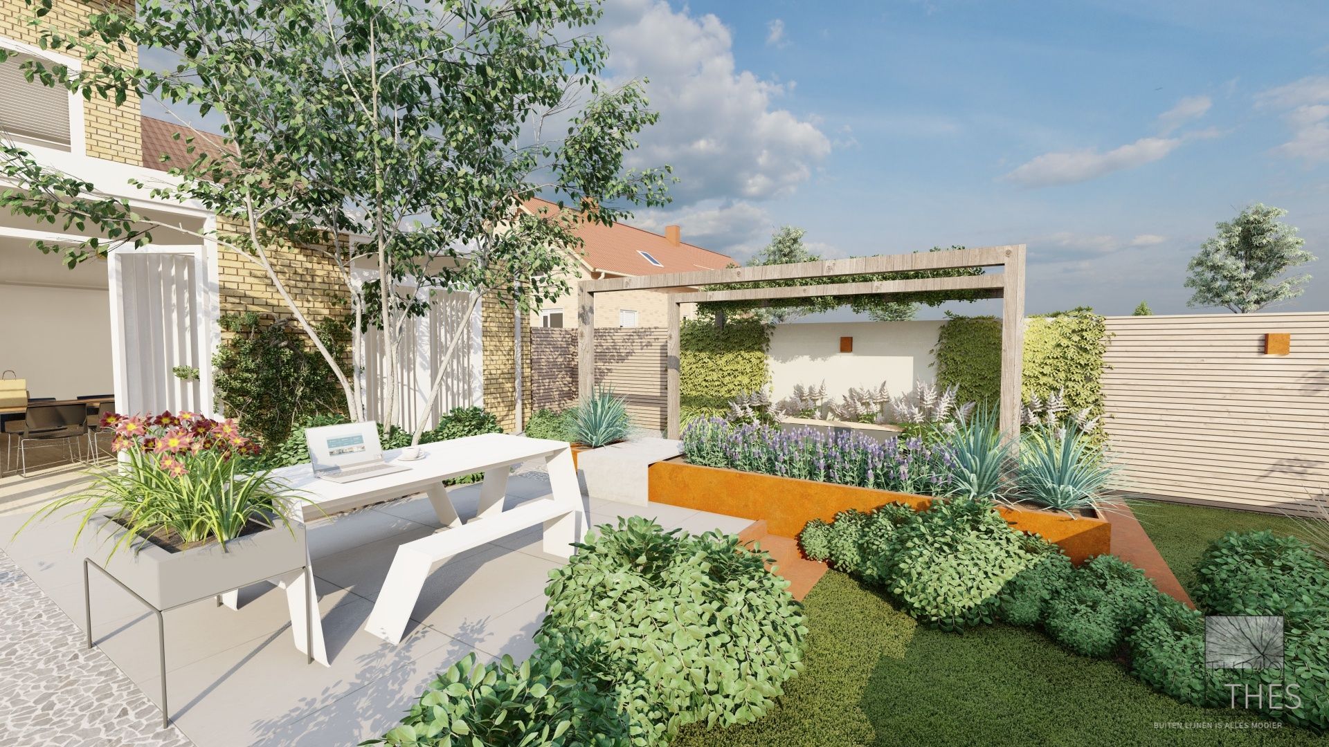 een ontwerp van een verhoogd terras met gazon ervoor en een plantenbak erachter