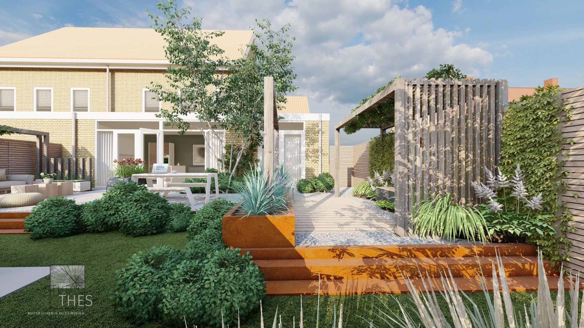 een cortenstaal trap naar een hoger terras met een pergola van trellis