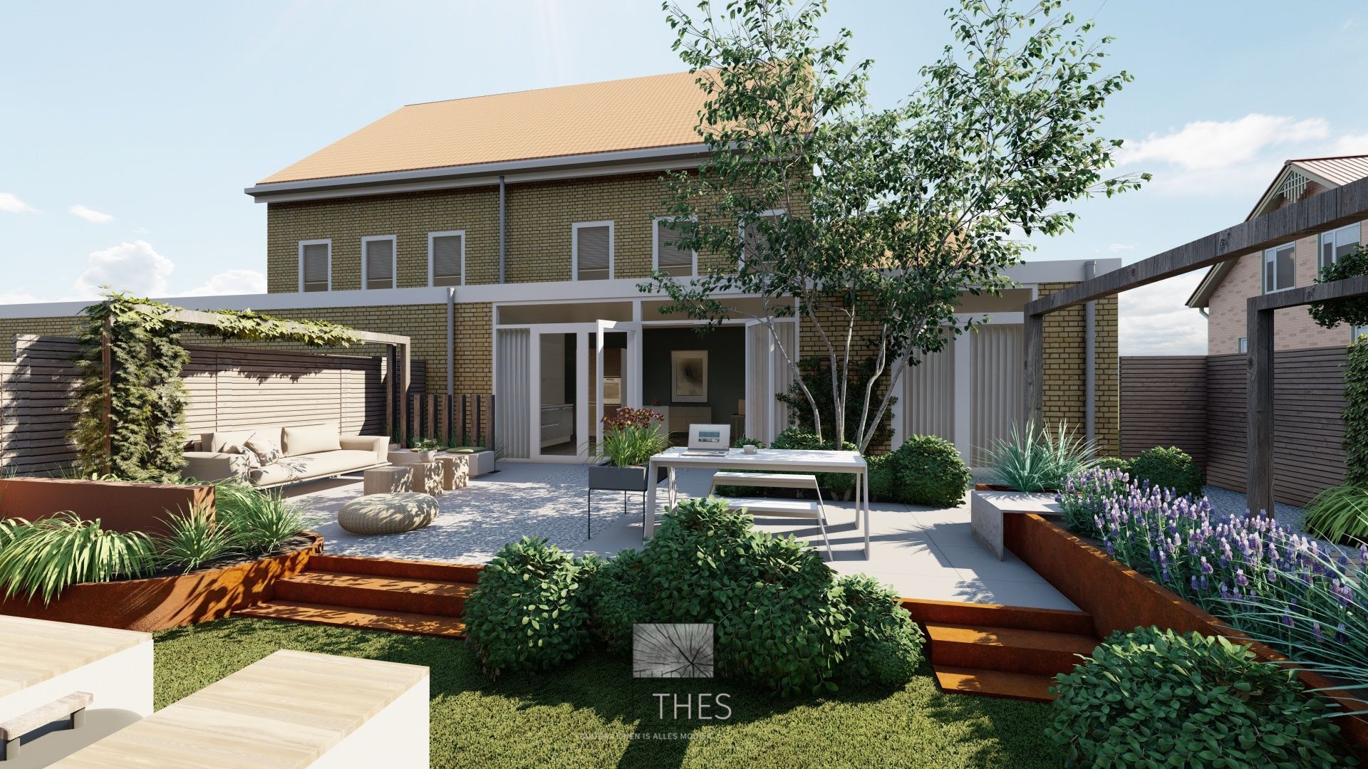 een verhoogd terras verbonden met een cortenstaal trap. Aan beide kanten een houten pergola