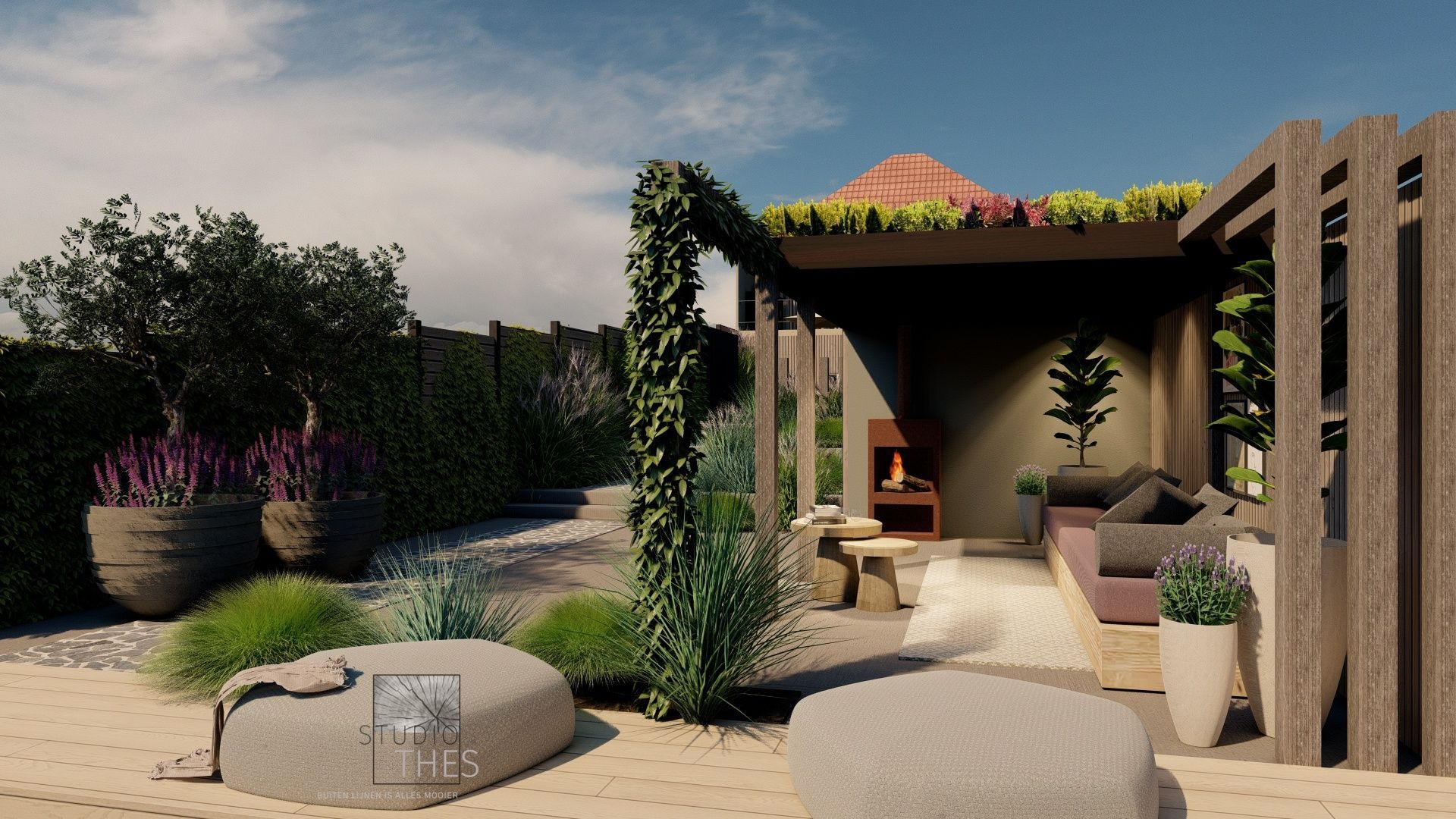 Een 3D-weergave van een terras met een pergola en rotsen