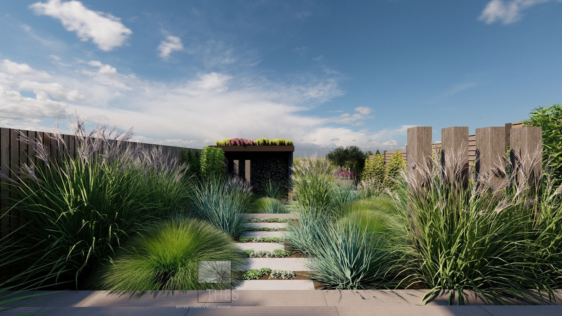 Een 3D-weergave van een tuin met trappen en planten.
