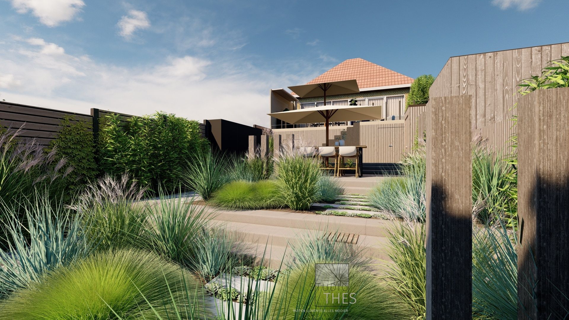 Een 3D-weergave van een tuin met een huis op de achtergrond.