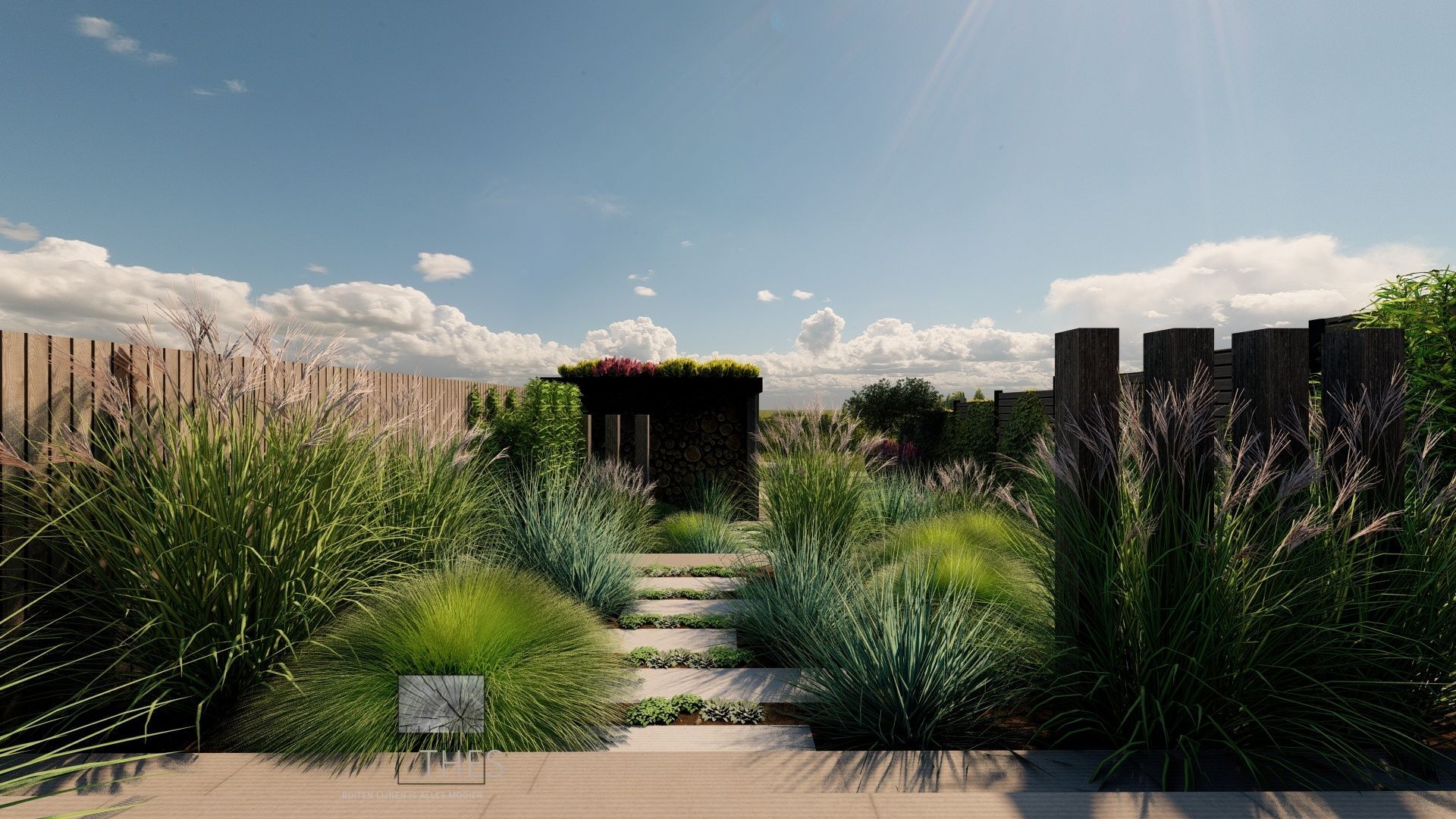 Een 3D-weergave van een tuin met trappen en planten