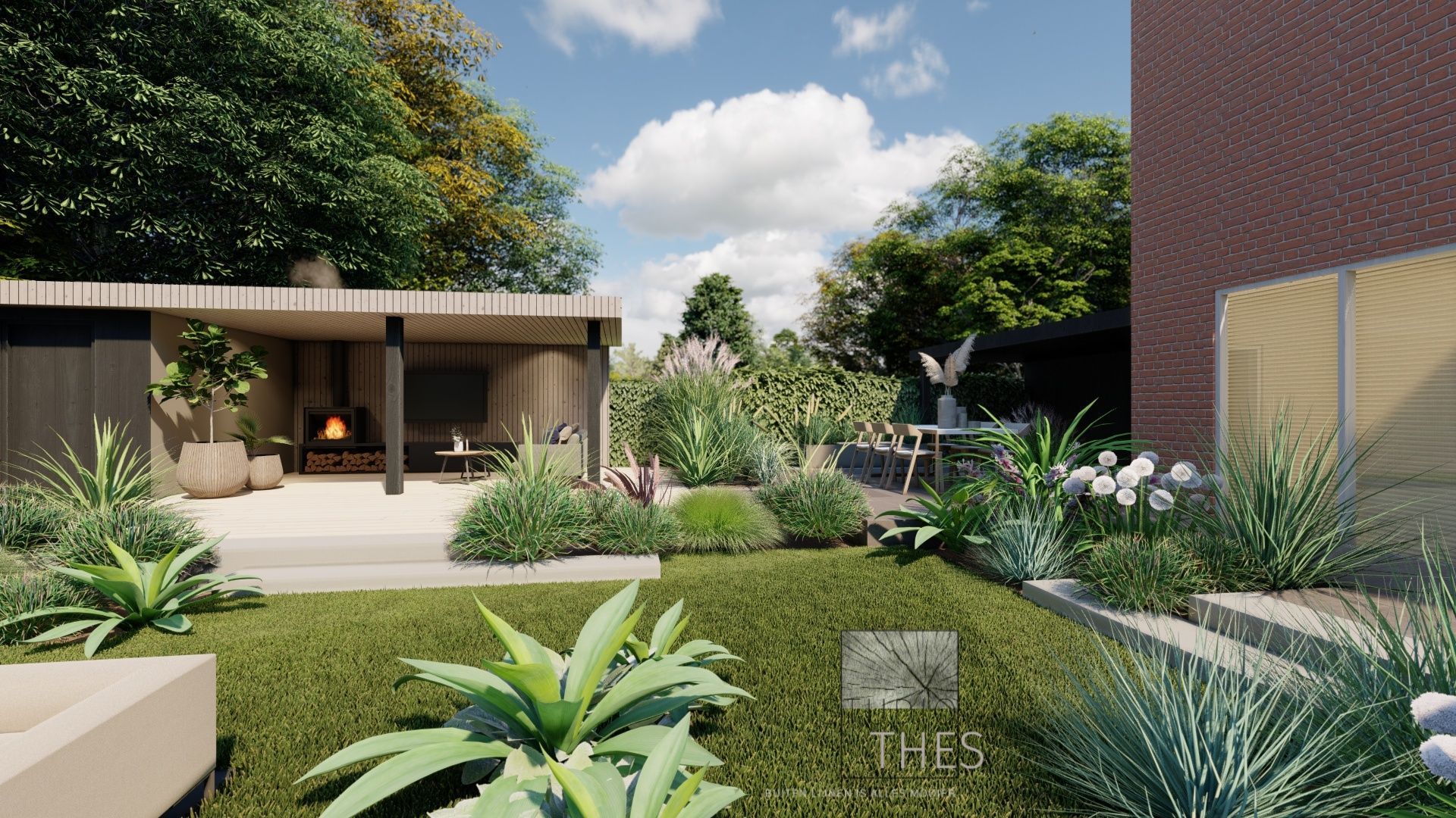 Een 3D-weergave van een tuin met een huis op de achtergrond.