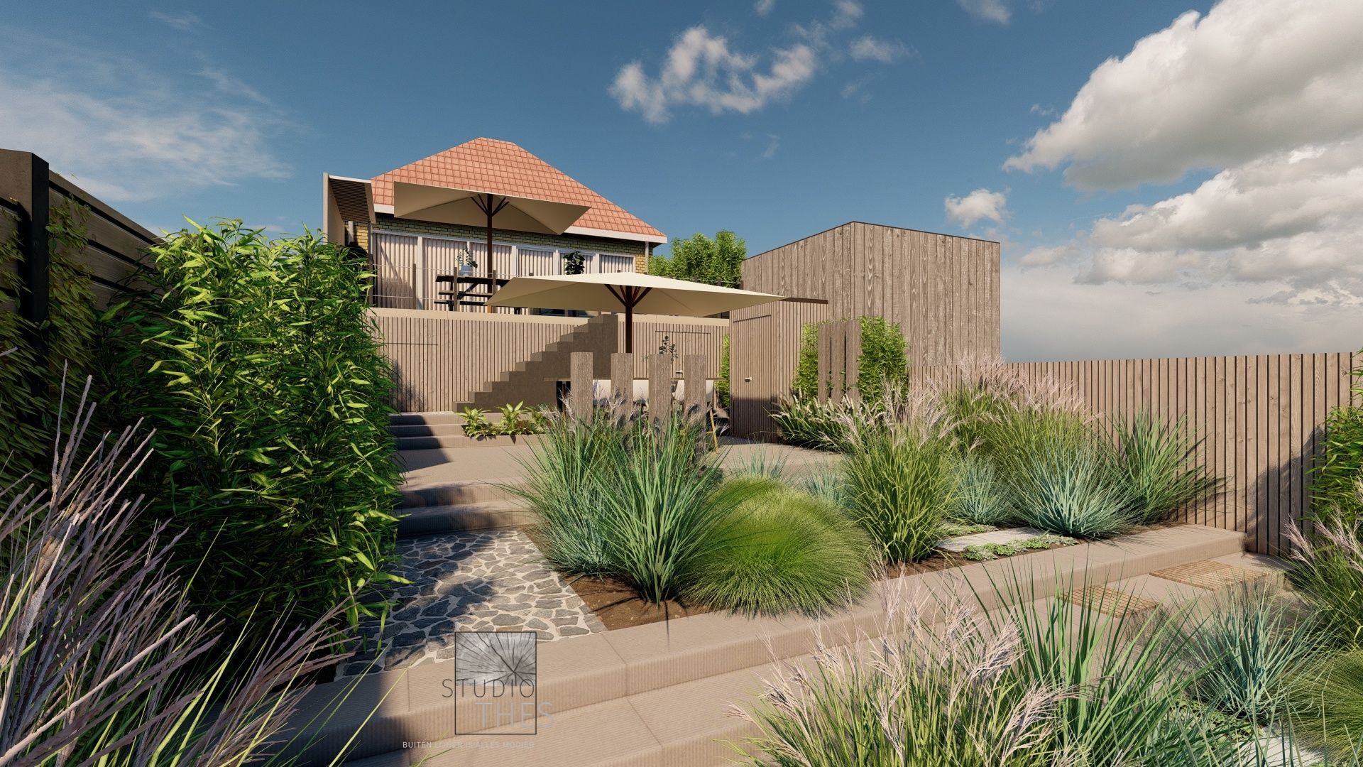 Een impressie van een tuin met een huis op de achtergrond.