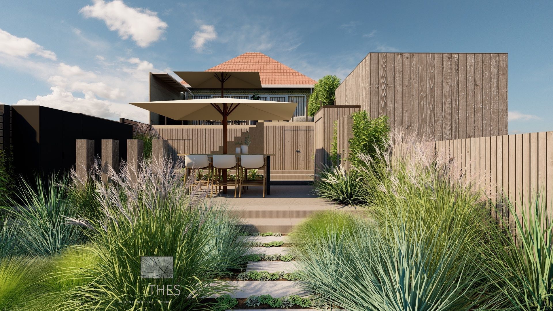 Een impressie van een achtertuin met terras en parasols.