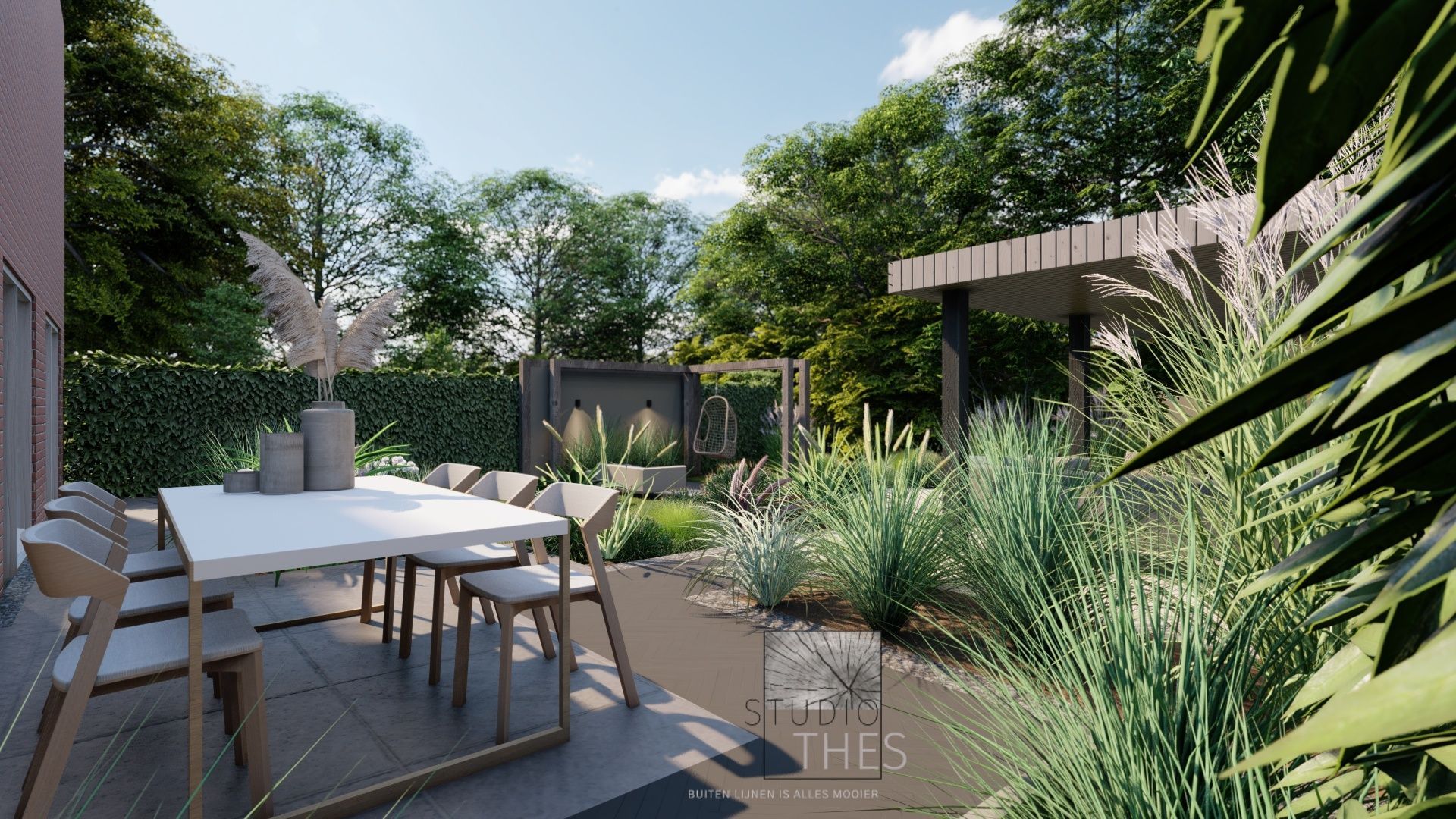 Een 3D-weergave van een terras met een tafel en stoelen in een tuin.