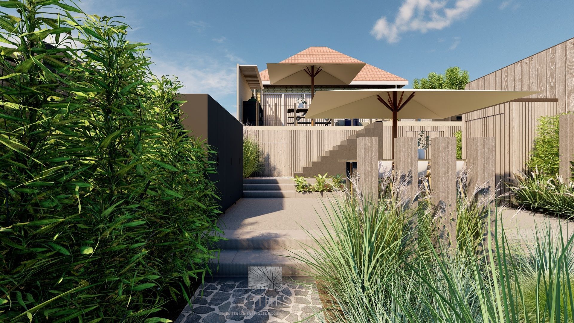 Een 3D-weergave van een huis met parasols in de achtertuin.