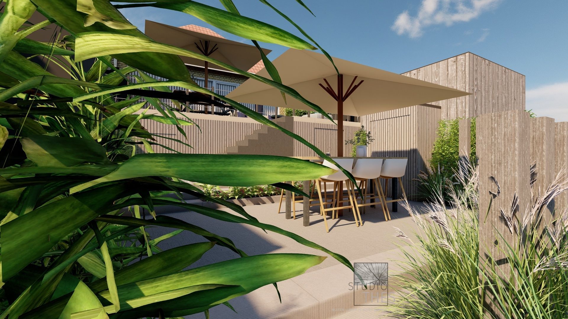 Een impressie van een terras met parasols en tafels.