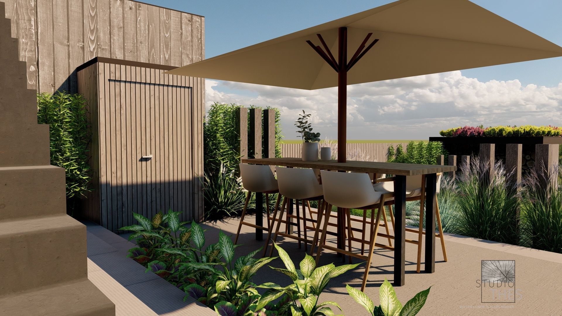 Een terras met een tafel en stoelen onder een parasol.