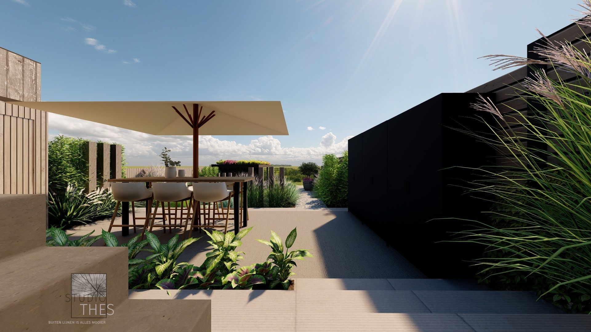 Een 3D-weergave van een terras met een tafel en stoelen onder een parasol.