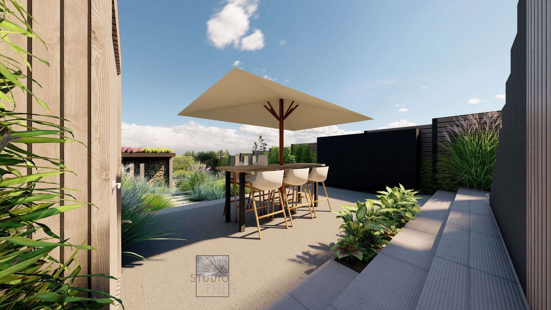 Een terras met een tafel en stoelen onder een parasol.