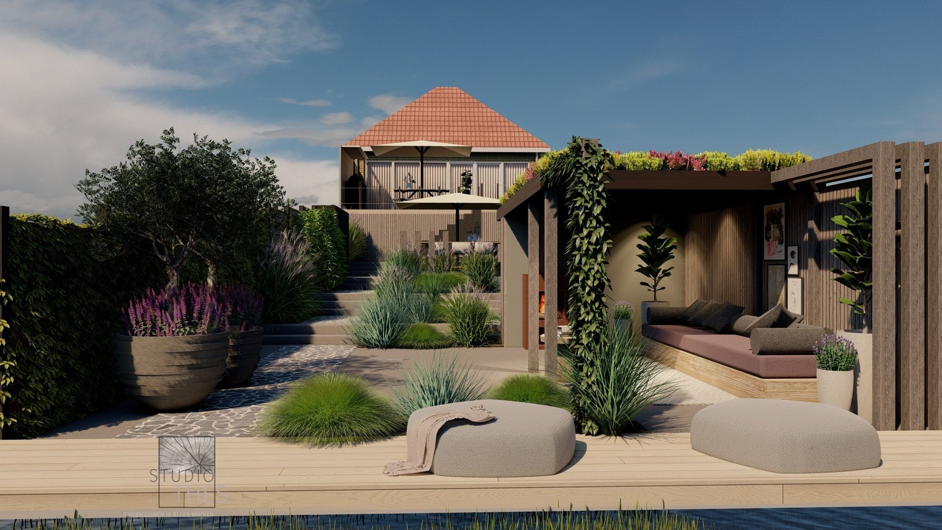 Een 3D-weergave van een tuin met een prieel en een huis op de achtergrond.