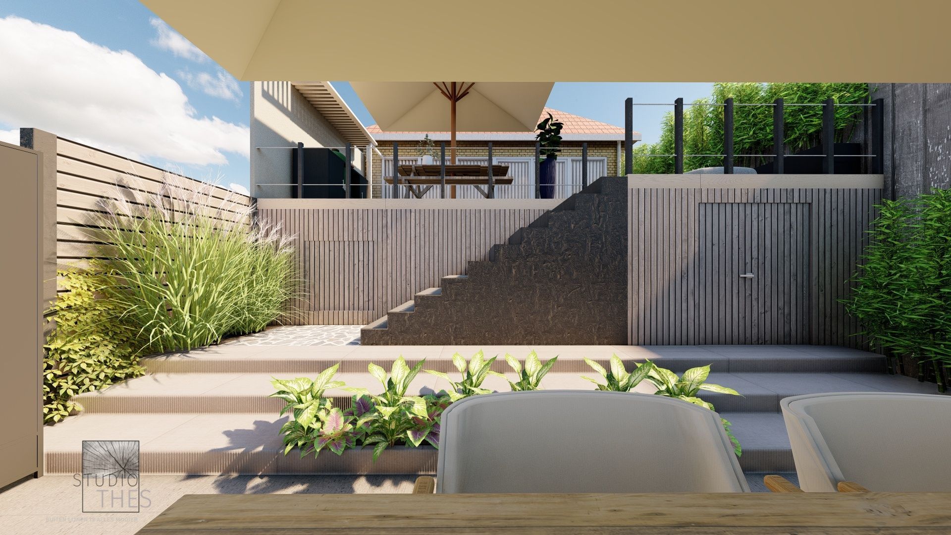 Een 3D-weergave van een achtertuin met een tafel, stoelen en een trap die naar een zwembad leidt.