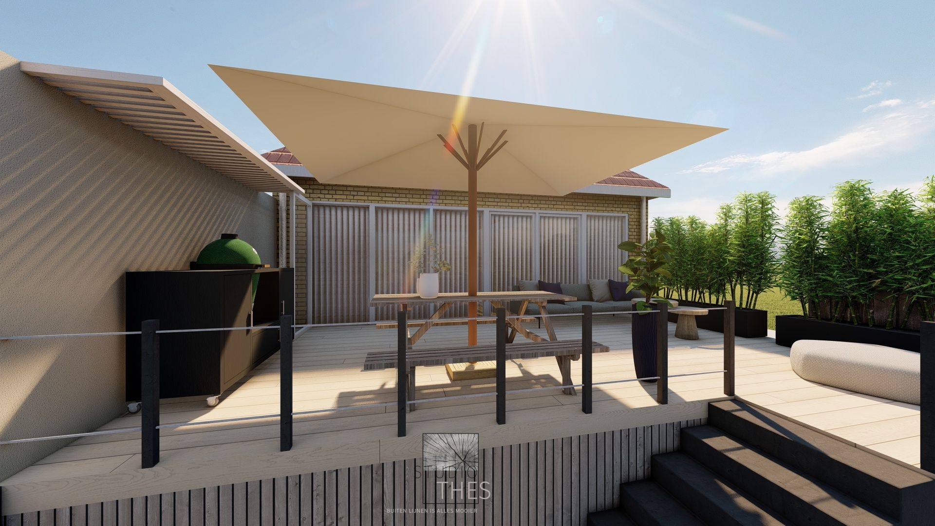 Een impressie van een terras met tafel en parasol