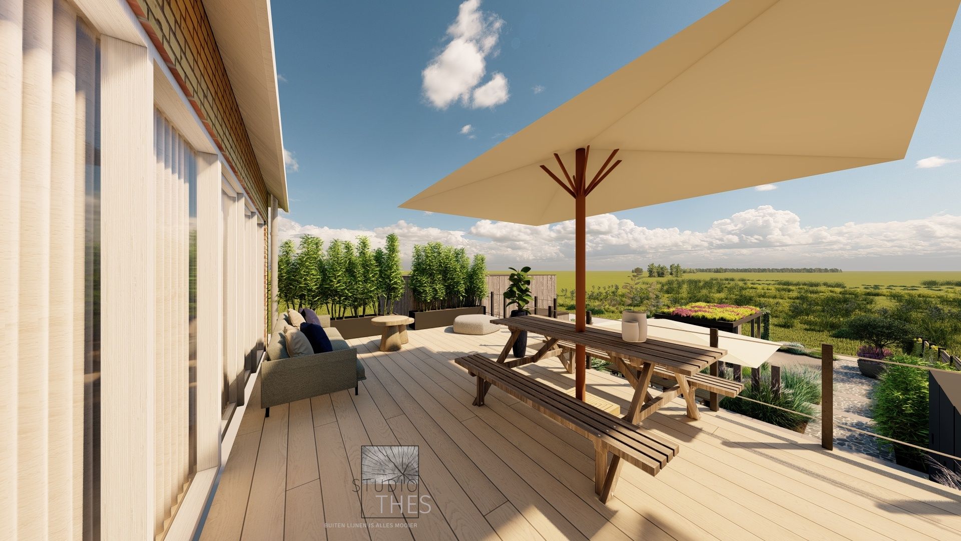 Een weergave van een dakterras met een picknicktafel en parasol.