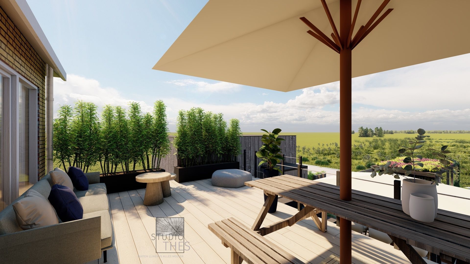 Een weergave van een terras met een picknicktafel en parasol.