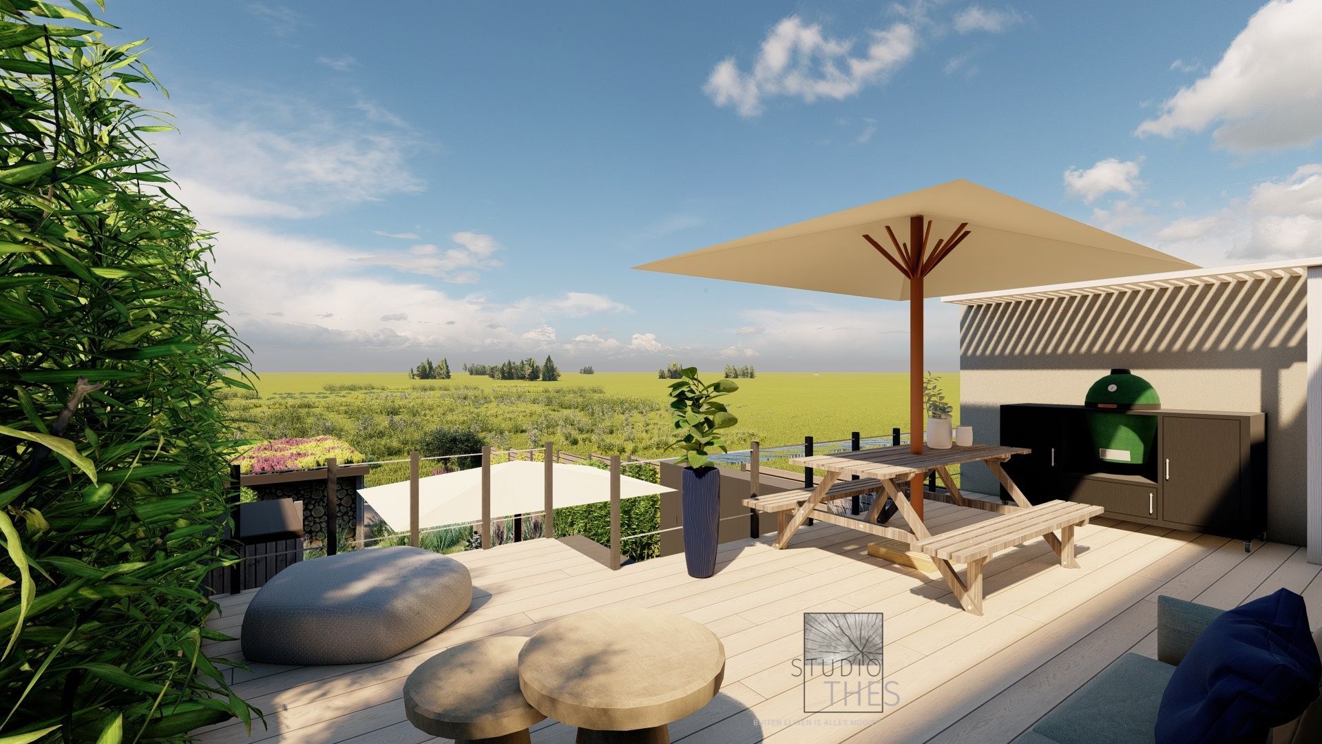 Een houten terras met een picknicktafel en parasol.