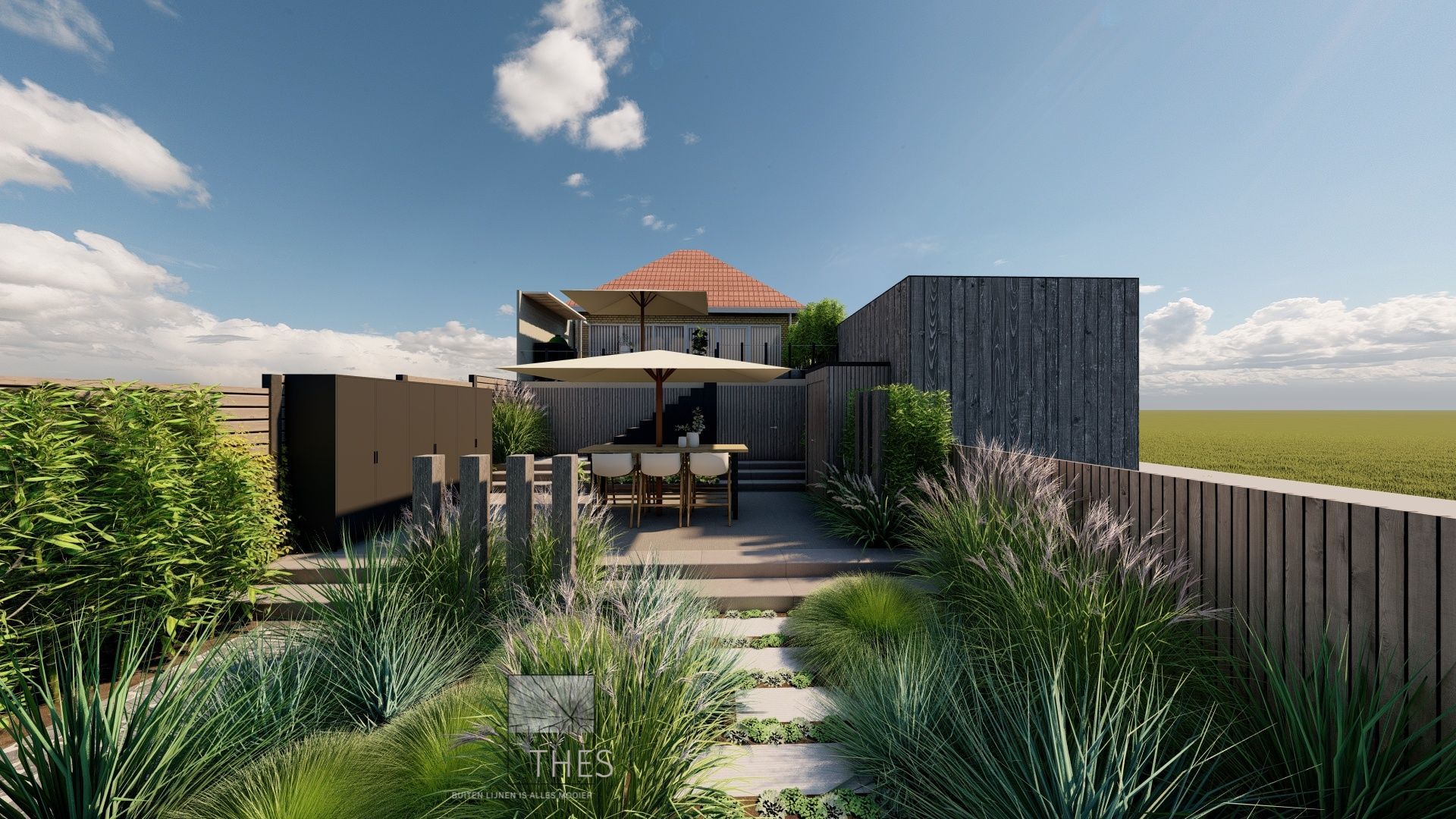 Een 3D-weergave van een achtertuin met een tafel, stoelen en een prieel.