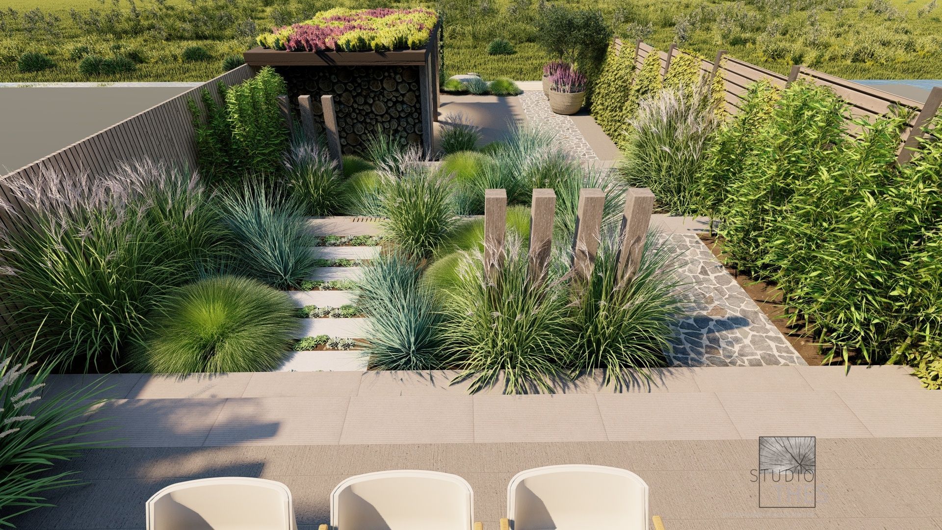 Een 3D-weergave van een tuin met stoelen en planten.