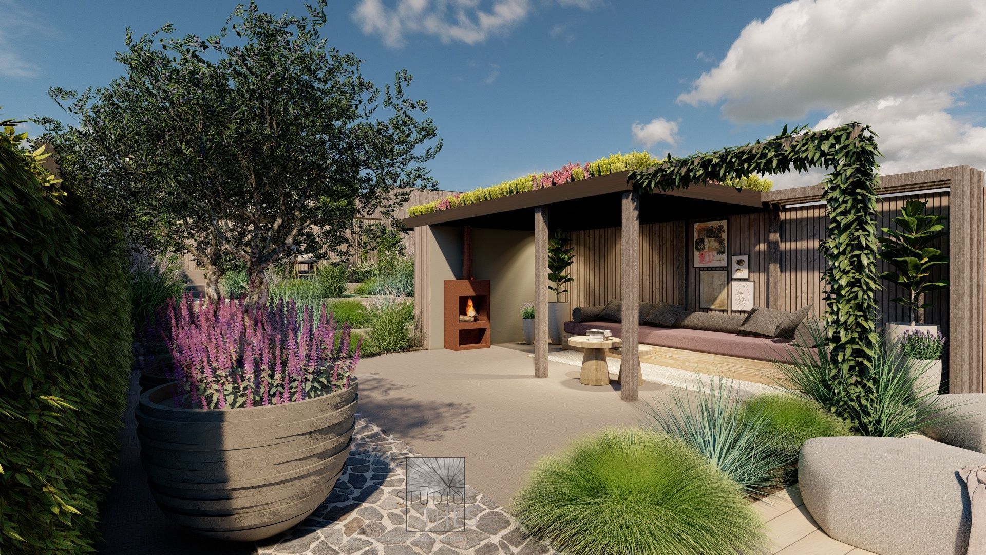 Een impressie van een tuin met pergola en open haard.