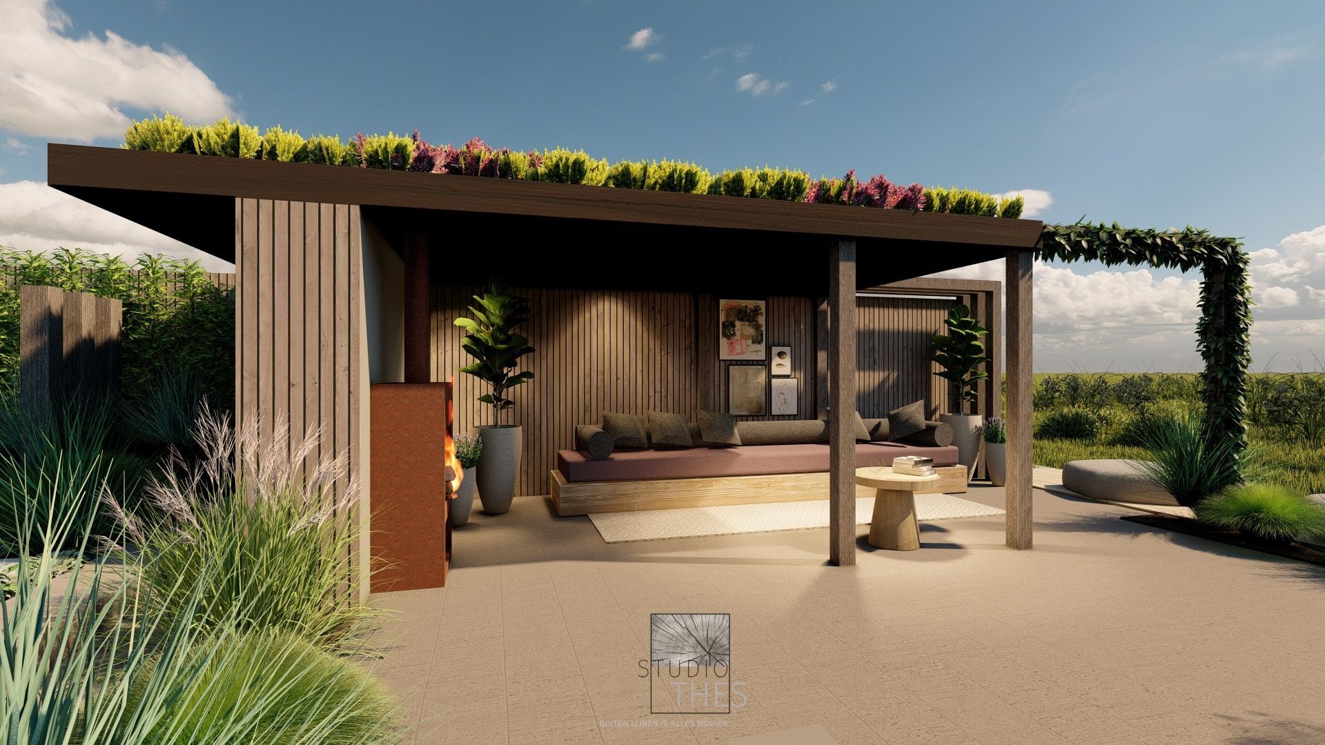 Een impressie van een huis met een groen dak.